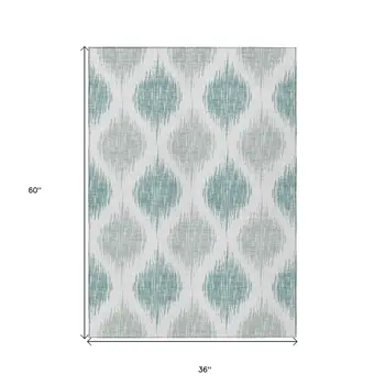 3' X 5' Aqua Teal Blue And Ivory Ikat Washable Indoor Outdoor Area Rug