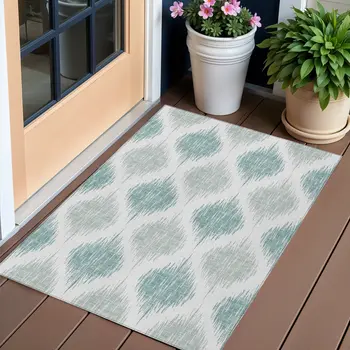 3' X 5' Aqua Teal Blue And Ivory Ikat Washable Indoor Outdoor Area Rug