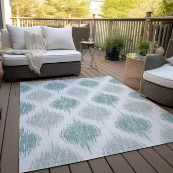 3' X 5' Aqua Teal Blue And Ivory Ikat Washable Indoor Outdoor Area Rug