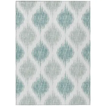 3' X 5' Aqua Teal Blue And Ivory Ikat Washable Indoor Outdoor Area Rug