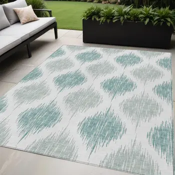 5' X 8' Aqua Teal Blue And Ivory Ikat Washable Indoor Outdoor Area Rug