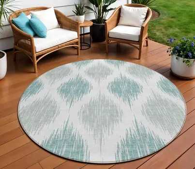 8' Aqua Teal Blue And Ivory Round Ikat Washable Indoor Outdoor Area Rug