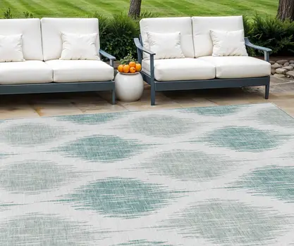 9' X 12' Aqua Teal Blue And Ivory Ikat Washable Indoor Outdoor Area Rug