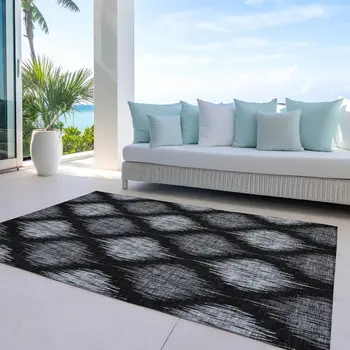 5' X 8' Black Silver And Gray Ikat Washable Indoor Outdoor Area Rug