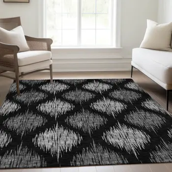 5' X 8' Black Silver And Gray Ikat Washable Indoor Outdoor Area Rug