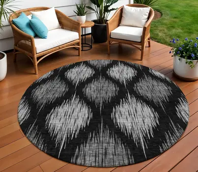 8' Black Silver And Gray Round Ikat Washable Indoor Outdoor Area Rug