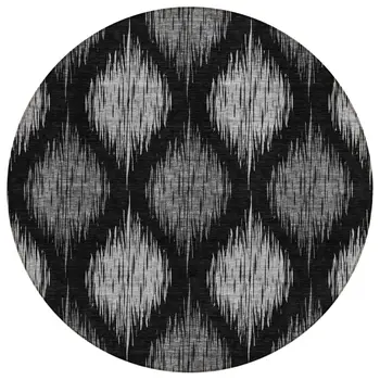 8' Black Silver And Gray Round Ikat Washable Indoor Outdoor Area Rug