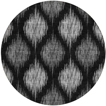 8' Black Silver And Gray Round Ikat Washable Indoor Outdoor Area Rug