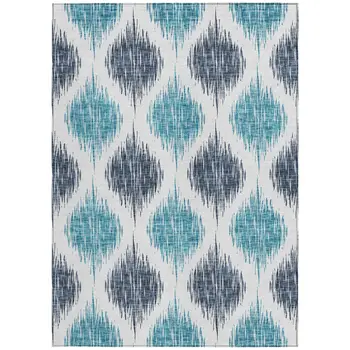 3' X 5' Teal Blue And Ivory Ikat Washable Indoor Outdoor Area Rug