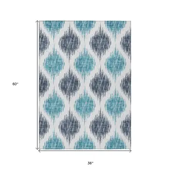 3' X 5' Teal Blue And Ivory Ikat Washable Indoor Outdoor Area Rug