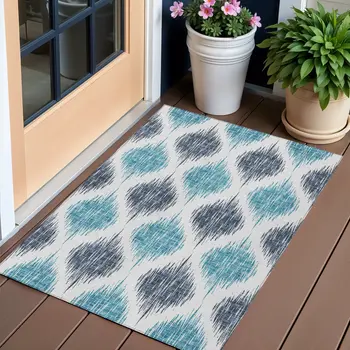 3' X 5' Teal Blue And Ivory Ikat Washable Indoor Outdoor Area Rug