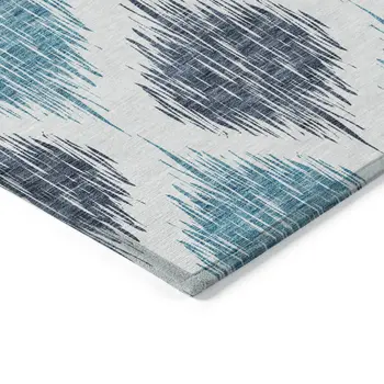 3' X 5' Teal Blue And Ivory Ikat Washable Indoor Outdoor Area Rug