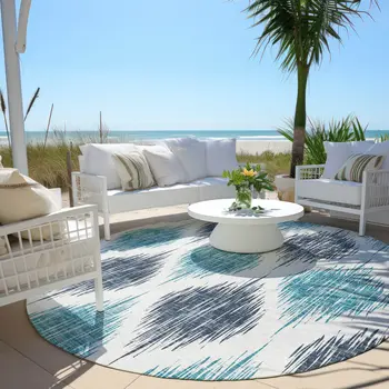 8' Teal Blue And Ivory Round Ikat Washable Indoor Outdoor Area Rug