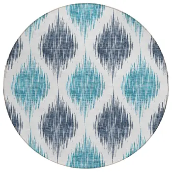 8' Teal Blue And Ivory Round Ikat Washable Indoor Outdoor Area Rug