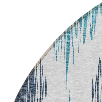 8' Teal Blue And Ivory Round Ikat Washable Indoor Outdoor Area Rug
