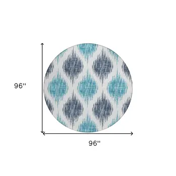 8' Teal Blue And Ivory Round Ikat Washable Indoor Outdoor Area Rug