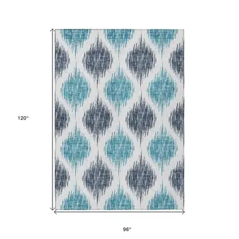 8' X 10' Teal Blue And Ivory Ikat Washable Indoor Outdoor Area Rug