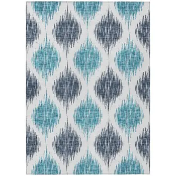 9' X 12' Teal Blue And Ivory Ikat Washable Indoor Outdoor Area Rug