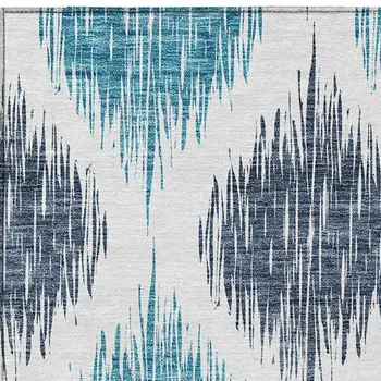 9' X 12' Teal Blue And Ivory Ikat Washable Indoor Outdoor Area Rug