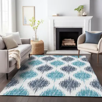 9' X 12' Teal Blue And Ivory Ikat Washable Indoor Outdoor Area Rug