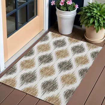3' X 5' Chocolate And Ivory Ikat Washable Indoor Outdoor Area Rug