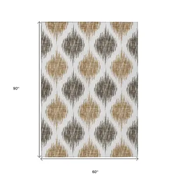 5' X 8' Chocolate And Ivory Ikat Washable Indoor Outdoor Area Rug