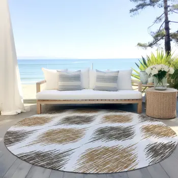 8' Chocolate And Ivory Round Ikat Washable Indoor Outdoor Area Rug