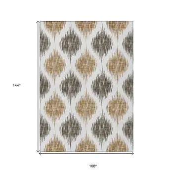 9' X 12' Chocolate And Ivory Ikat Washable Indoor Outdoor Area Rug