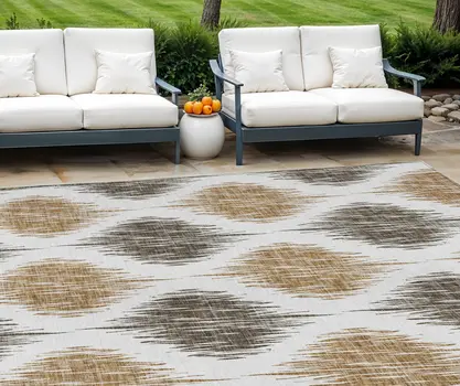 9' X 12' Chocolate And Ivory Ikat Washable Indoor Outdoor Area Rug