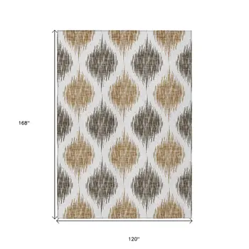 10' X 14' Chocolate And Ivory Ikat Washable Indoor Outdoor Area Rug