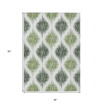 3' X 5' Fern Green And Ivory Ikat Washable Indoor Outdoor Area Rug