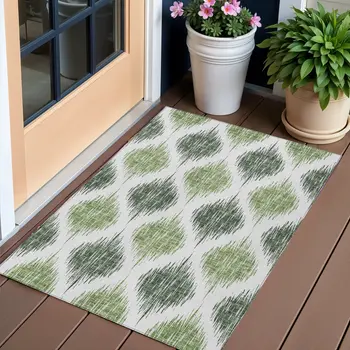 3' X 5' Fern Green And Ivory Ikat Washable Indoor Outdoor Area Rug