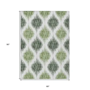 5' X 8' Fern Green And Ivory Ikat Washable Indoor Outdoor Area Rug