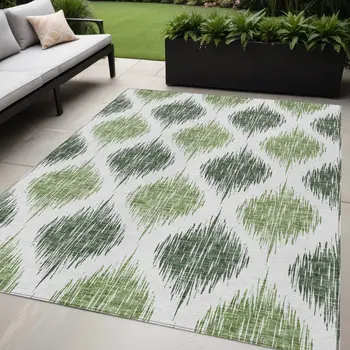 5' X 8' Fern Green And Ivory Ikat Washable Indoor Outdoor Area Rug