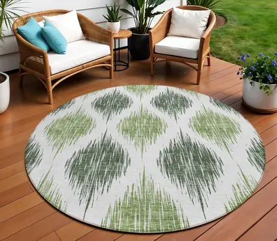 8' Fern Green And Ivory Round Ikat Washable Indoor Outdoor Area Rug