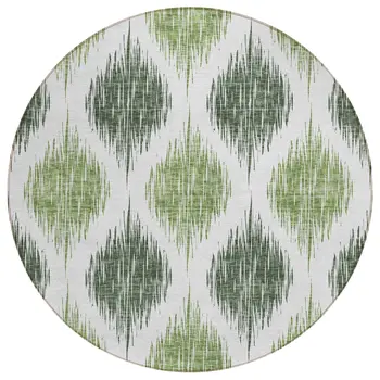 8' Fern Green And Ivory Round Ikat Washable Indoor Outdoor Area Rug