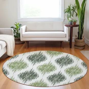 8' Fern Green And Ivory Round Ikat Washable Indoor Outdoor Area Rug