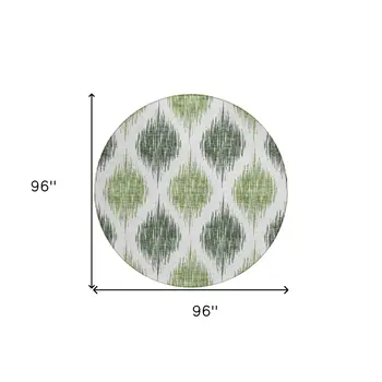 8' Fern Green And Ivory Round Ikat Washable Indoor Outdoor Area Rug