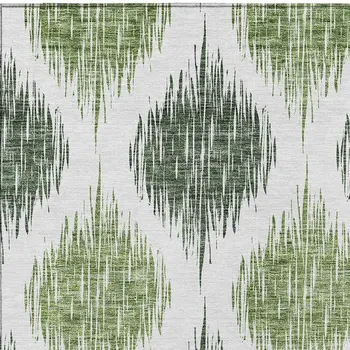 9' X 12' Fern Green And Ivory Ikat Washable Indoor Outdoor Area Rug
