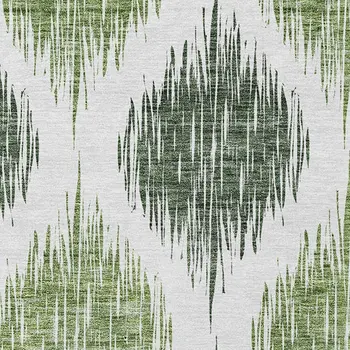 9' X 12' Fern Green And Ivory Ikat Washable Indoor Outdoor Area Rug
