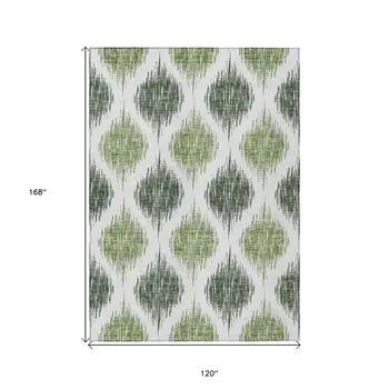 10' X 14' Fern Green And Ivory Ikat Washable Indoor Outdoor Area Rug