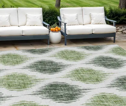 10' X 14' Fern Green And Ivory Ikat Washable Indoor Outdoor Area Rug
