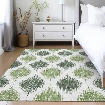 10' X 14' Fern Green And Ivory Ikat Washable Indoor Outdoor Area Rug