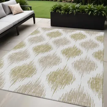 5' X 8' Gold Ivory And Beige Ikat Washable Indoor Outdoor Area Rug