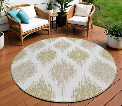 8' Gold Ivory And Beige Round Ikat Washable Indoor Outdoor Area Rug