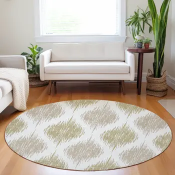 8' Gold Ivory And Beige Round Ikat Washable Indoor Outdoor Area Rug