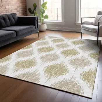 9' X 12' Gold Ivory And Beige Ikat Washable Indoor Outdoor Area Rug