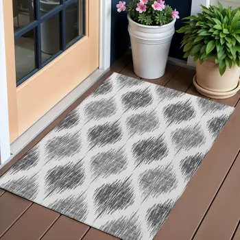 3' X 5' Gray Ivory And Charcoal Ikat Washable Indoor Outdoor Area Rug