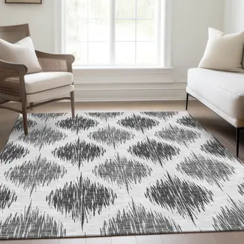 3' X 5' Gray Ivory And Charcoal Ikat Washable Indoor Outdoor Area Rug