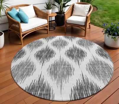 8' Gray Ivory And Charcoal Round Ikat Washable Indoor Outdoor Area Rug